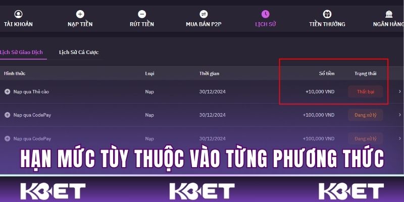 Hướng dẫn nạp tiền hạn mức giao dịch sẽ tùy thuộc vào từng phương thức thanh toán